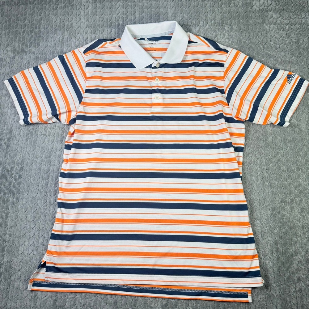 Adidas Golf Climalite Polo Shirt Mens Large Orange Navy Blue Striped Stretch